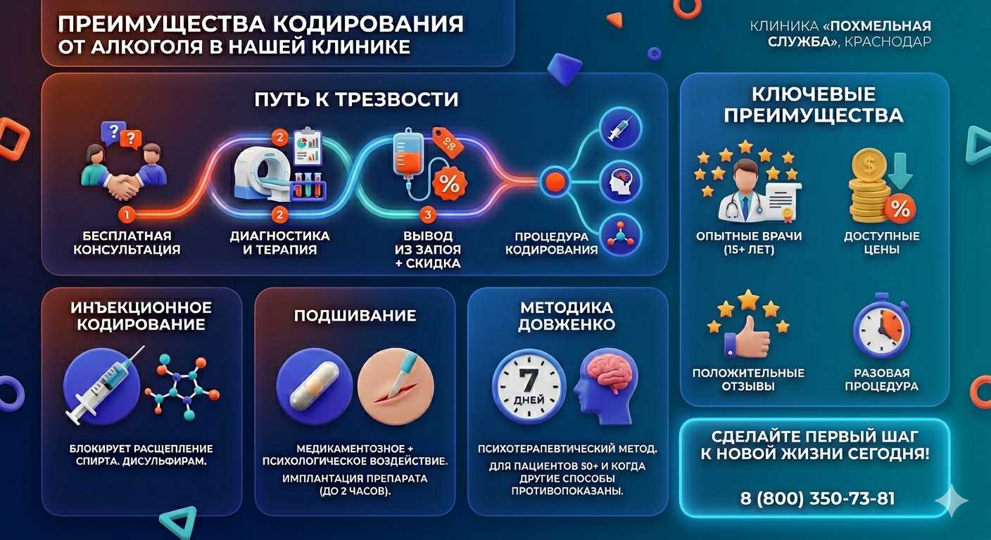 Инфографика о методах кодирования от алкоголя в Гродно: инъекции, подшивание, метод Довженко. Преимущества клиники и этапы лечения.
